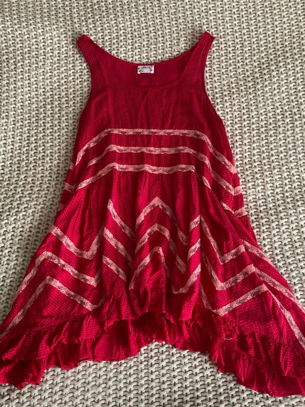 Free People Red Swing Tank Mini Dress with Cream Lace Stripes